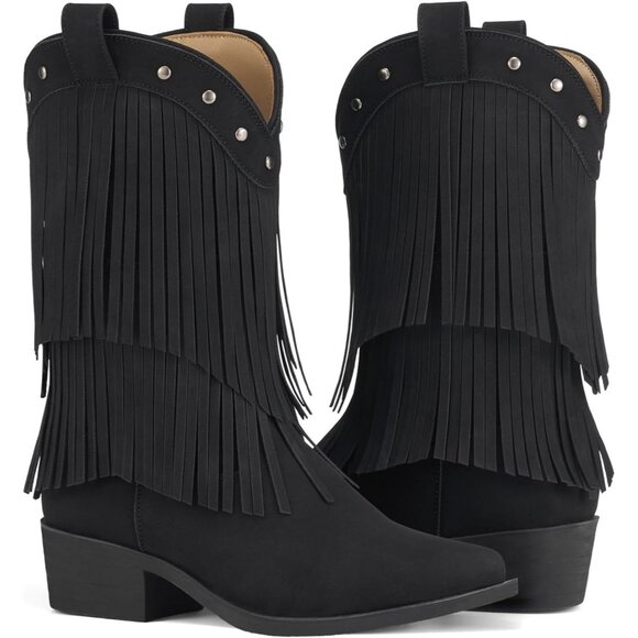 Girls Black Cowgirl Boots Fringe Western Snip Toe Cowboy Boots for Kids Stylish - Picture 4 of 6